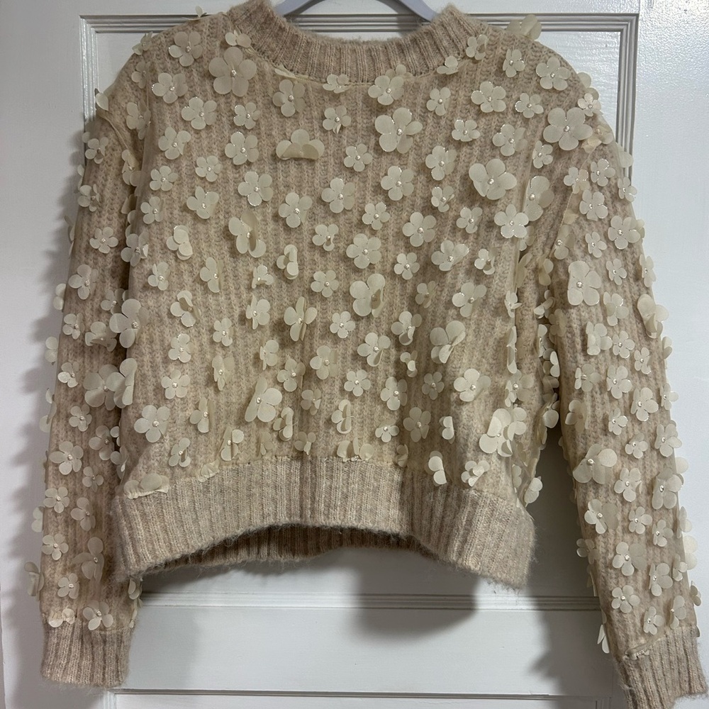 Zara Beige Floral Appliqué Sweater